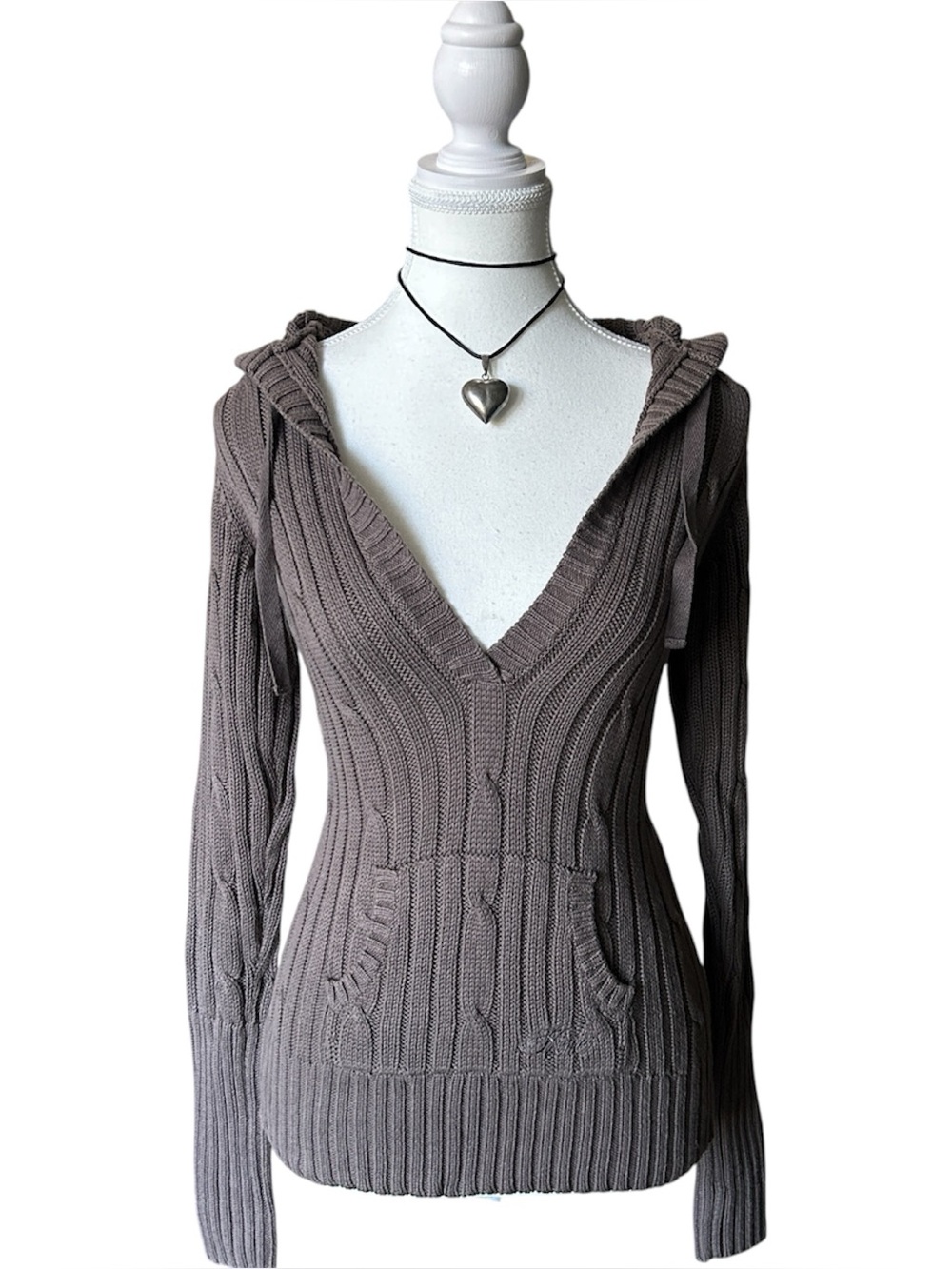 Y2K Coquette “Kismet” Brown Ribbed Knit V-Neck Long Sleeve Hoodie Sweater